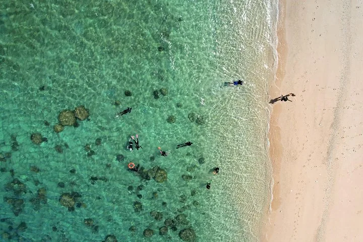 Aerial view of people snorkeling in clear water near a sandy beach