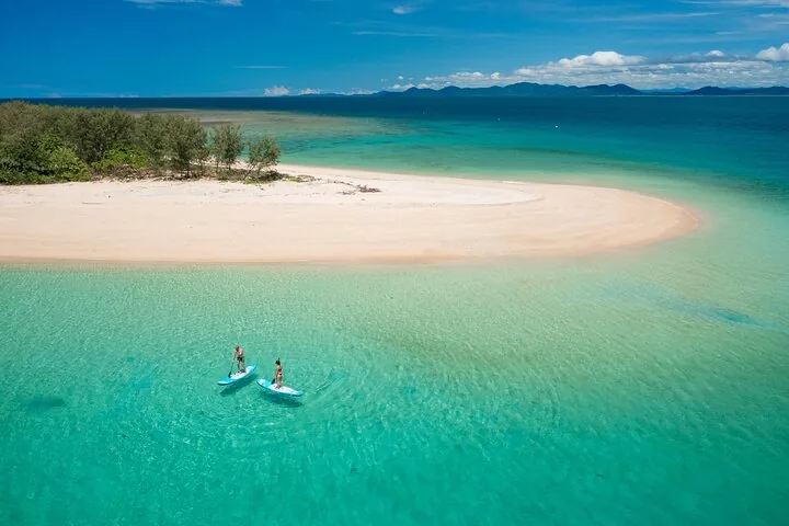 Two people paddleboarding in clear shallow water near a sandy island